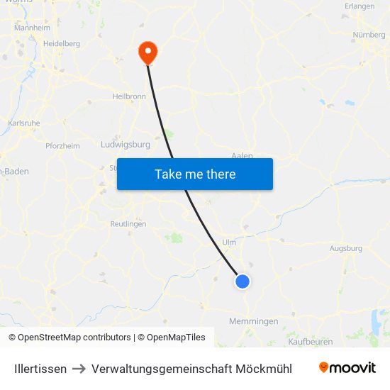 Illertissen to Verwaltungsgemeinschaft Möckmühl map