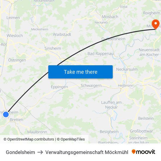 Gondelsheim to Verwaltungsgemeinschaft Möckmühl map