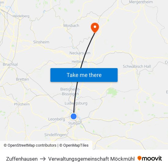 Zuffenhausen to Verwaltungsgemeinschaft Möckmühl map