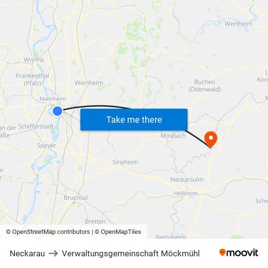 Neckarau to Verwaltungsgemeinschaft Möckmühl map