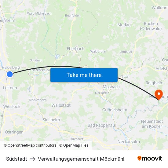 Südstadt to Verwaltungsgemeinschaft Möckmühl map