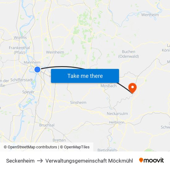 Seckenheim to Verwaltungsgemeinschaft Möckmühl map