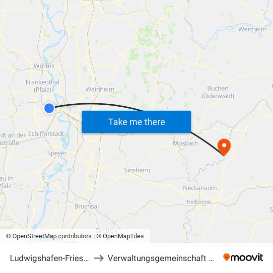Ludwigshafen-Friesenheim to Verwaltungsgemeinschaft Möckmühl map