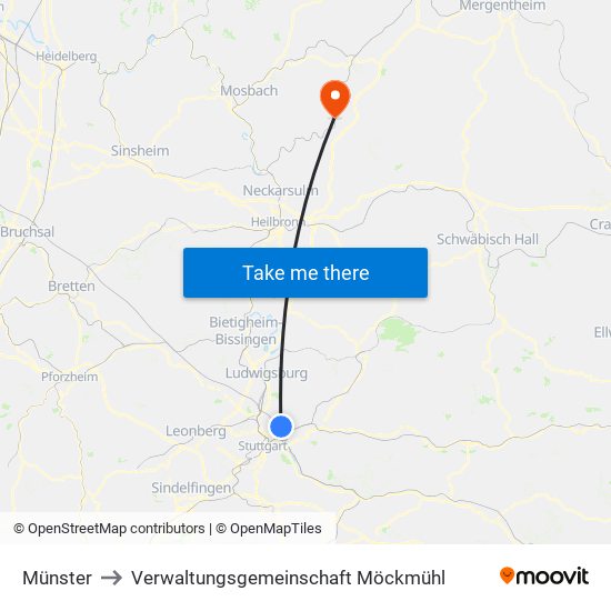 Münster to Verwaltungsgemeinschaft Möckmühl map
