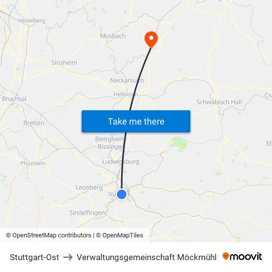 Stuttgart-Ost to Verwaltungsgemeinschaft Möckmühl map