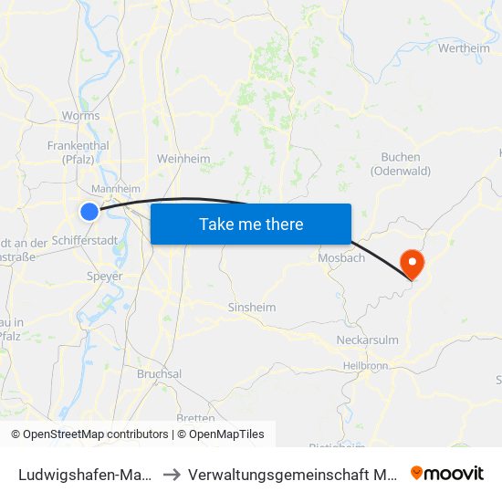 Ludwigshafen-Maudach to Verwaltungsgemeinschaft Möckmühl map