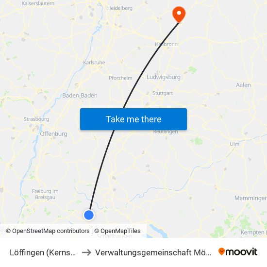 Löffingen (Kernstadt) to Verwaltungsgemeinschaft Möckmühl map