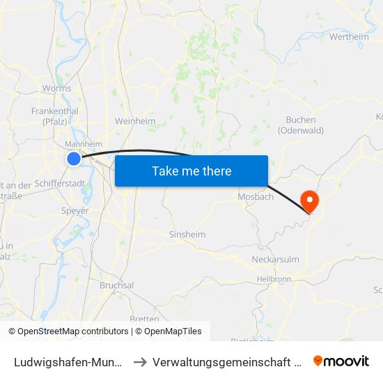Ludwigshafen-Mundenheim to Verwaltungsgemeinschaft Möckmühl map