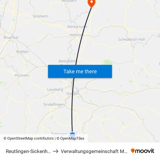 Reutlingen-Sickenhausen to Verwaltungsgemeinschaft Möckmühl map