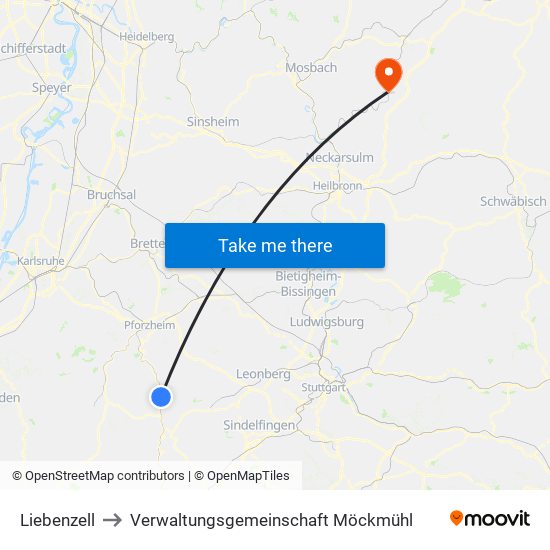 Liebenzell to Verwaltungsgemeinschaft Möckmühl map