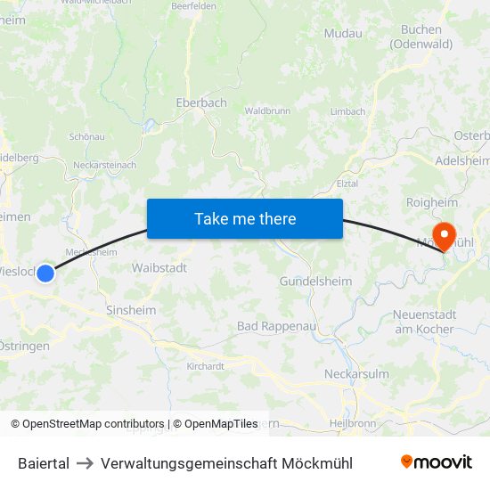 Baiertal to Verwaltungsgemeinschaft Möckmühl map