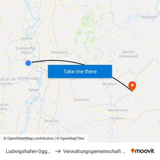 Ludwigshafen-Oggersheim to Verwaltungsgemeinschaft Möckmühl map