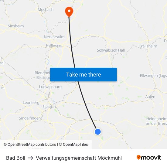 Bad Boll to Verwaltungsgemeinschaft Möckmühl map