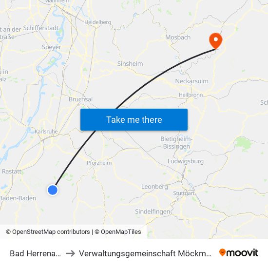 Bad Herrenalb to Verwaltungsgemeinschaft Möckmühl map