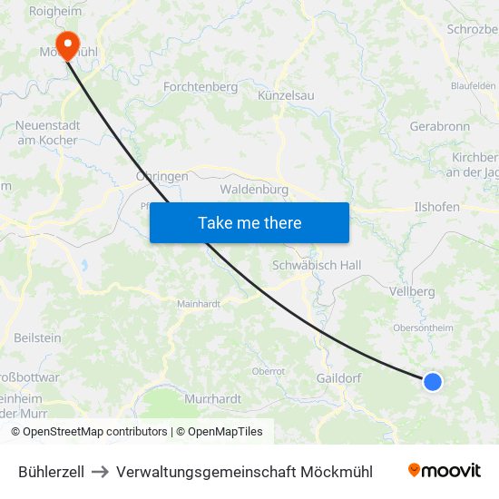 Bühlerzell to Verwaltungsgemeinschaft Möckmühl map