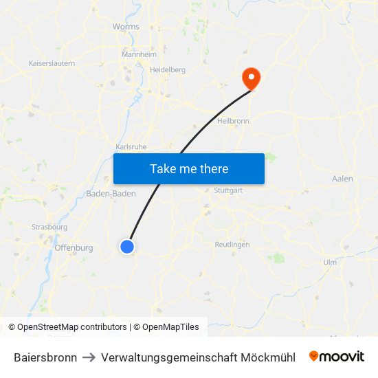 Baiersbronn to Verwaltungsgemeinschaft Möckmühl map