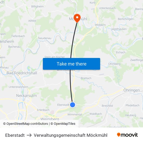 Eberstadt to Verwaltungsgemeinschaft Möckmühl map