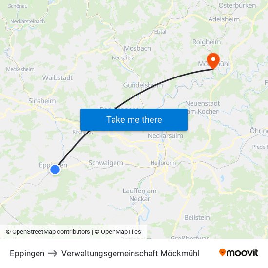 Eppingen to Verwaltungsgemeinschaft Möckmühl map