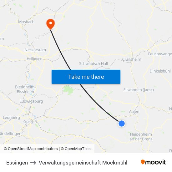 Essingen to Verwaltungsgemeinschaft Möckmühl map