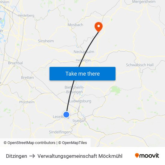 Ditzingen to Verwaltungsgemeinschaft Möckmühl map