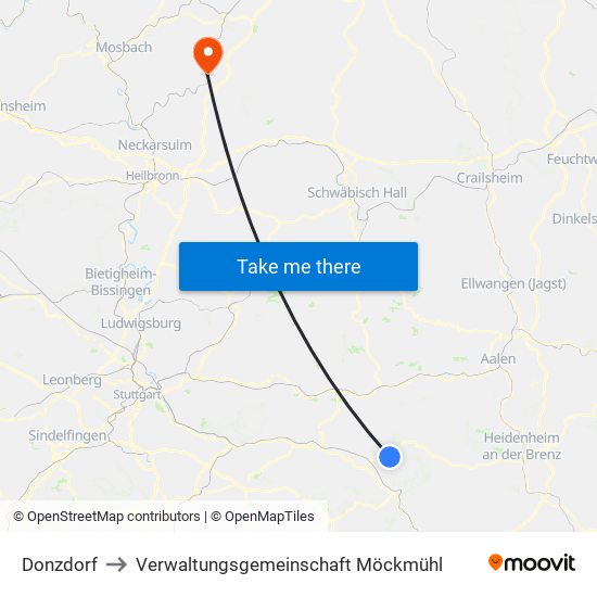 Donzdorf to Verwaltungsgemeinschaft Möckmühl map