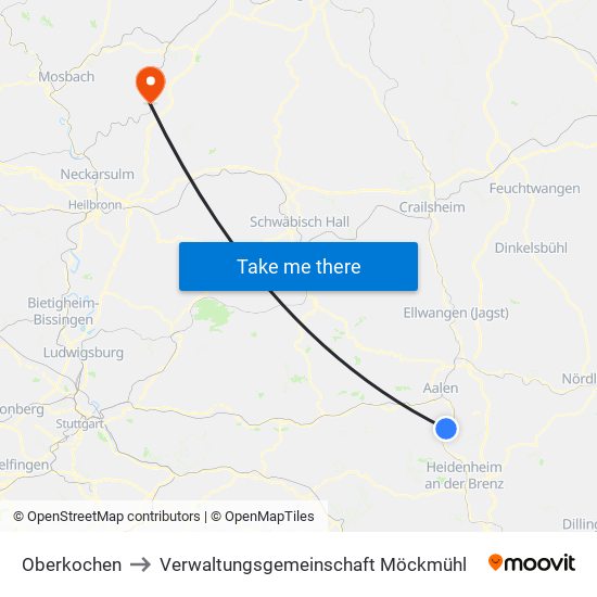 Oberkochen to Verwaltungsgemeinschaft Möckmühl map
