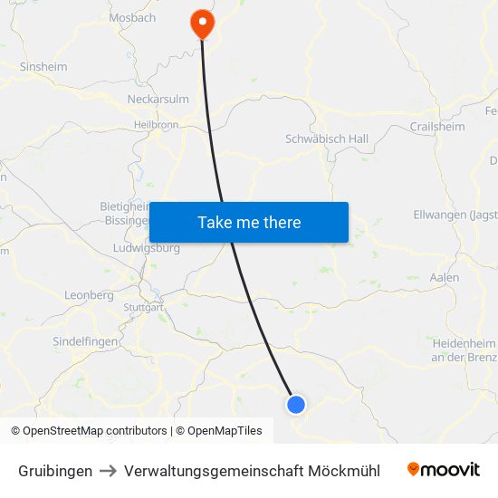 Gruibingen to Verwaltungsgemeinschaft Möckmühl map