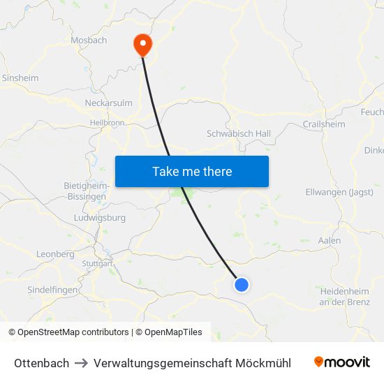 Ottenbach to Verwaltungsgemeinschaft Möckmühl map