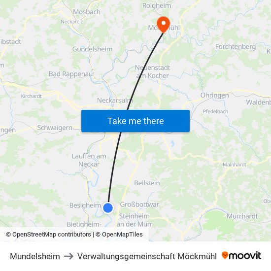 Mundelsheim to Verwaltungsgemeinschaft Möckmühl map