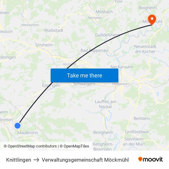 Knittlingen to Verwaltungsgemeinschaft Möckmühl map