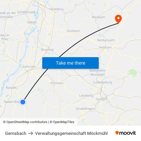 Gernsbach to Verwaltungsgemeinschaft Möckmühl map