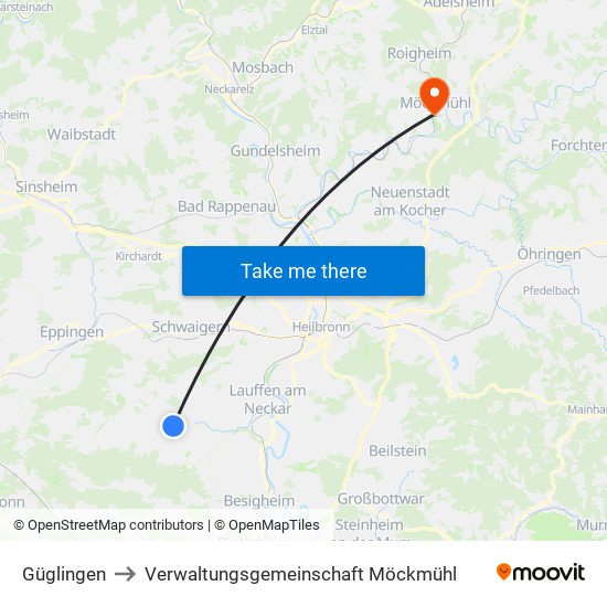 Güglingen to Verwaltungsgemeinschaft Möckmühl map