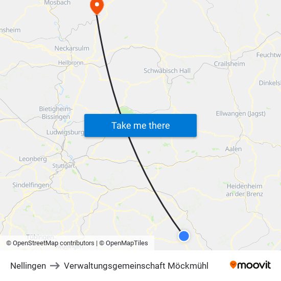 Nellingen to Verwaltungsgemeinschaft Möckmühl map