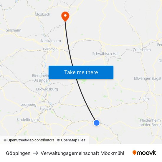 Göppingen to Verwaltungsgemeinschaft Möckmühl map