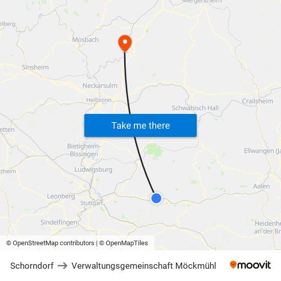 Schorndorf to Verwaltungsgemeinschaft Möckmühl map