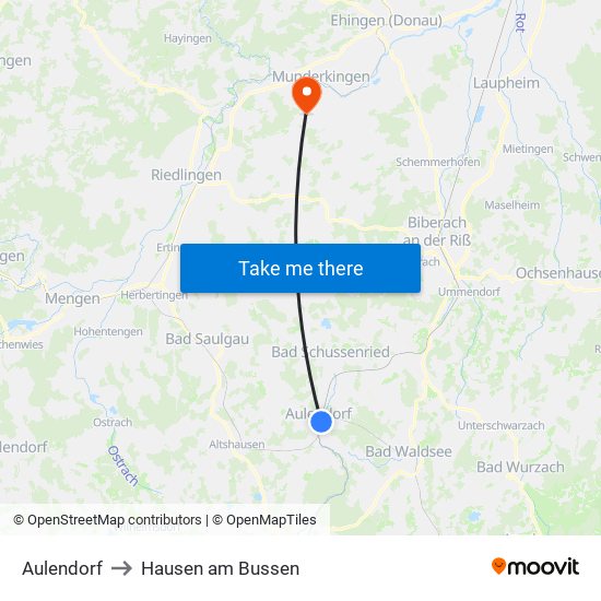 Aulendorf to Hausen am Bussen map