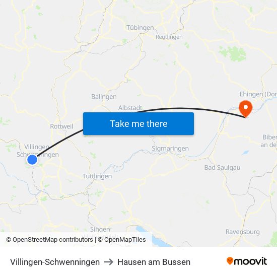 Villingen-Schwenningen to Hausen am Bussen map