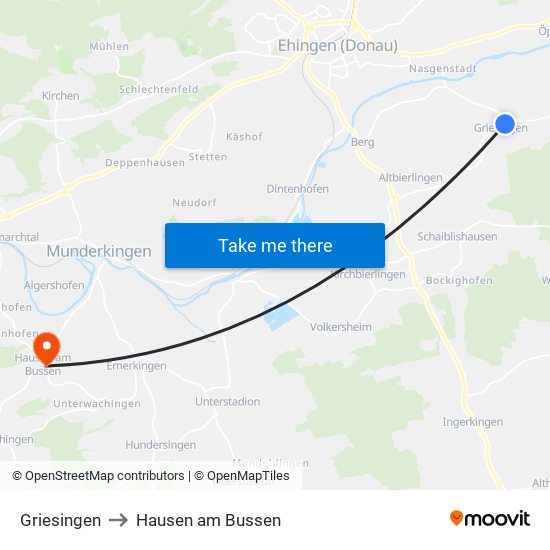 Griesingen to Hausen am Bussen map