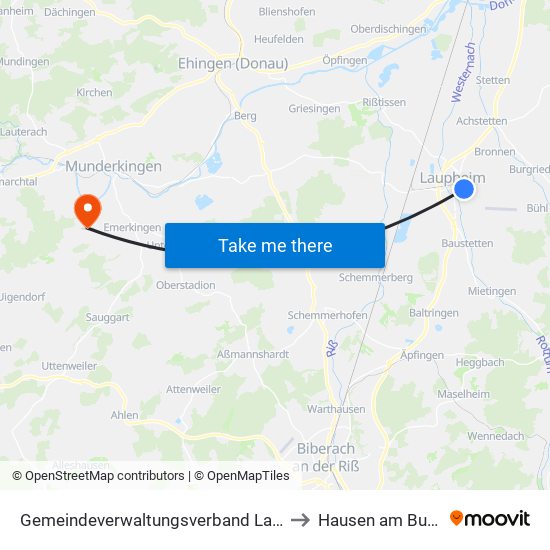 Gemeindeverwaltungsverband Laupheim to Hausen am Bussen map