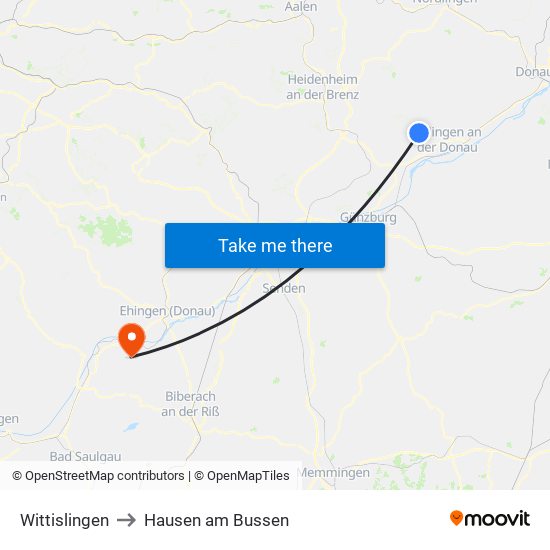 Wittislingen to Hausen am Bussen map