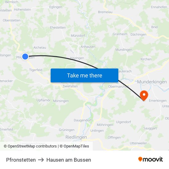 Pfronstetten to Hausen am Bussen map