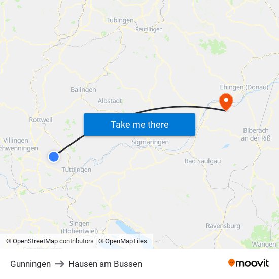 Gunningen to Hausen am Bussen map