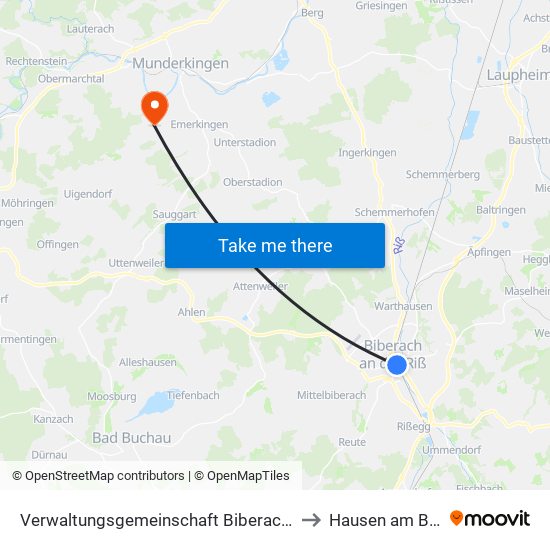 Verwaltungsgemeinschaft Biberach An Der Riß to Hausen am Bussen map