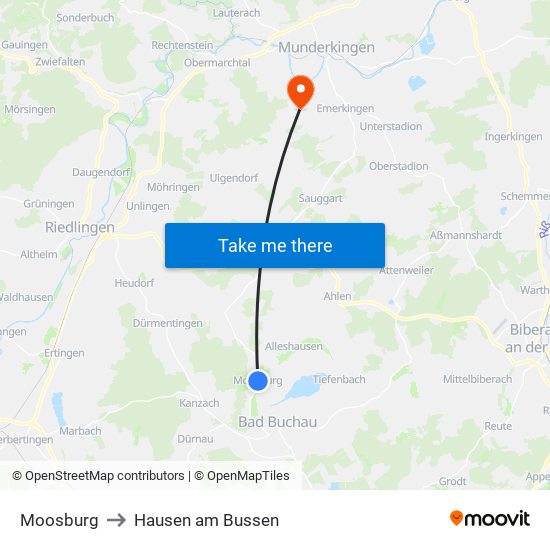 Moosburg to Hausen am Bussen map