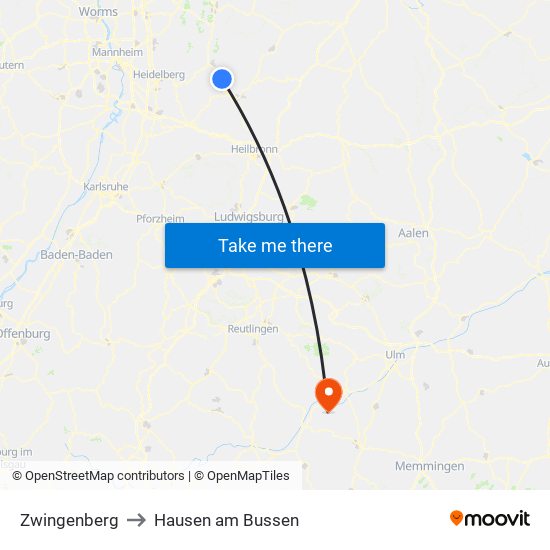 Zwingenberg to Hausen am Bussen map