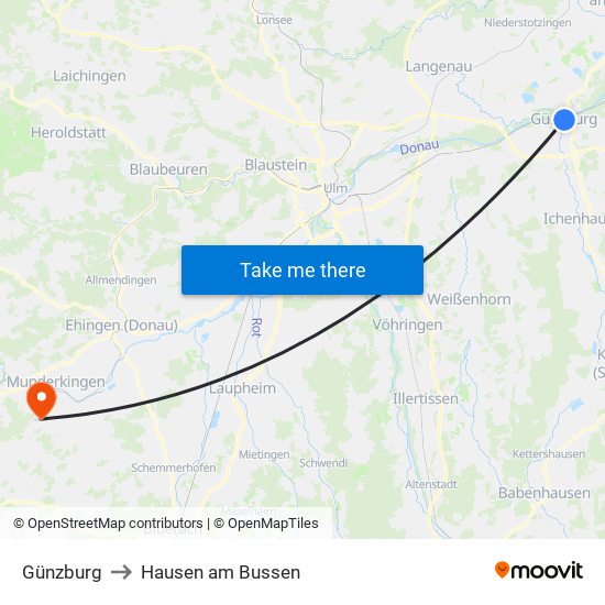 Günzburg to Hausen am Bussen map