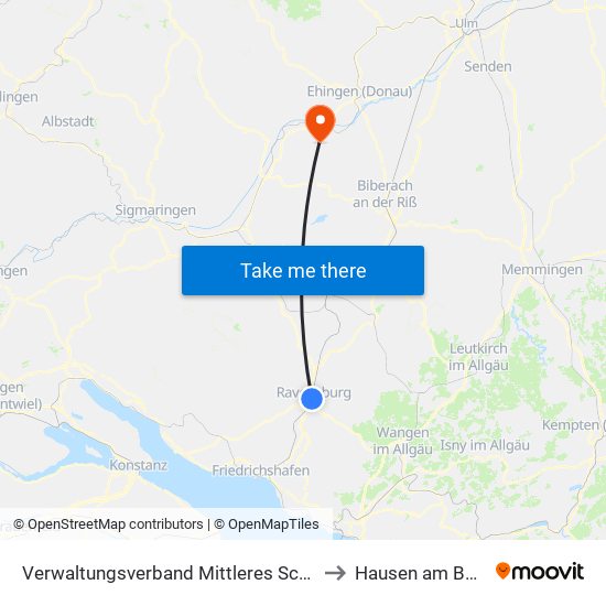 Verwaltungsverband Mittleres Schussental to Hausen am Bussen map