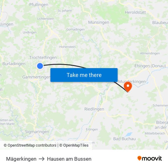 Mägerkingen to Hausen am Bussen map