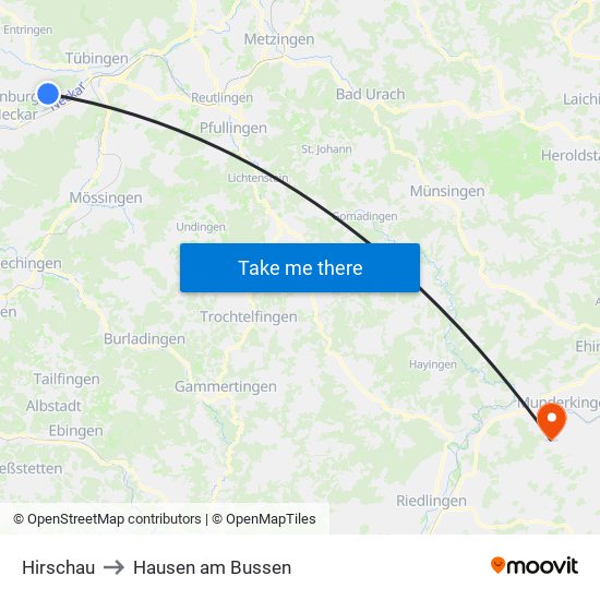 Hirschau to Hausen am Bussen map