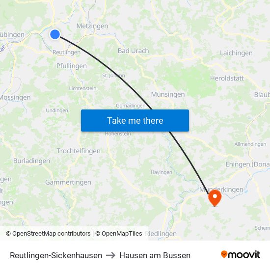 Reutlingen-Sickenhausen to Hausen am Bussen map